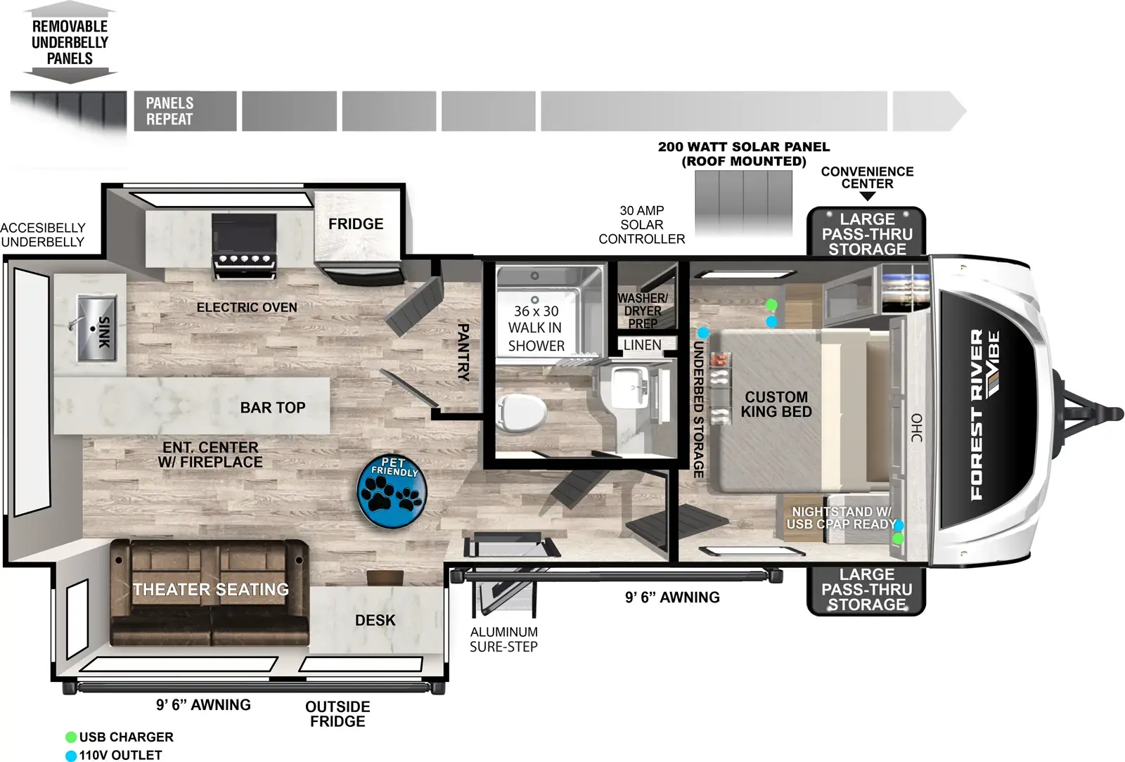 The Vibe 2500SP floorplan has one entry and two slide outs. Exterior features include: fiberglass exterior and 9'6" & 9'6" awning. Interiors features include: front bedroom.